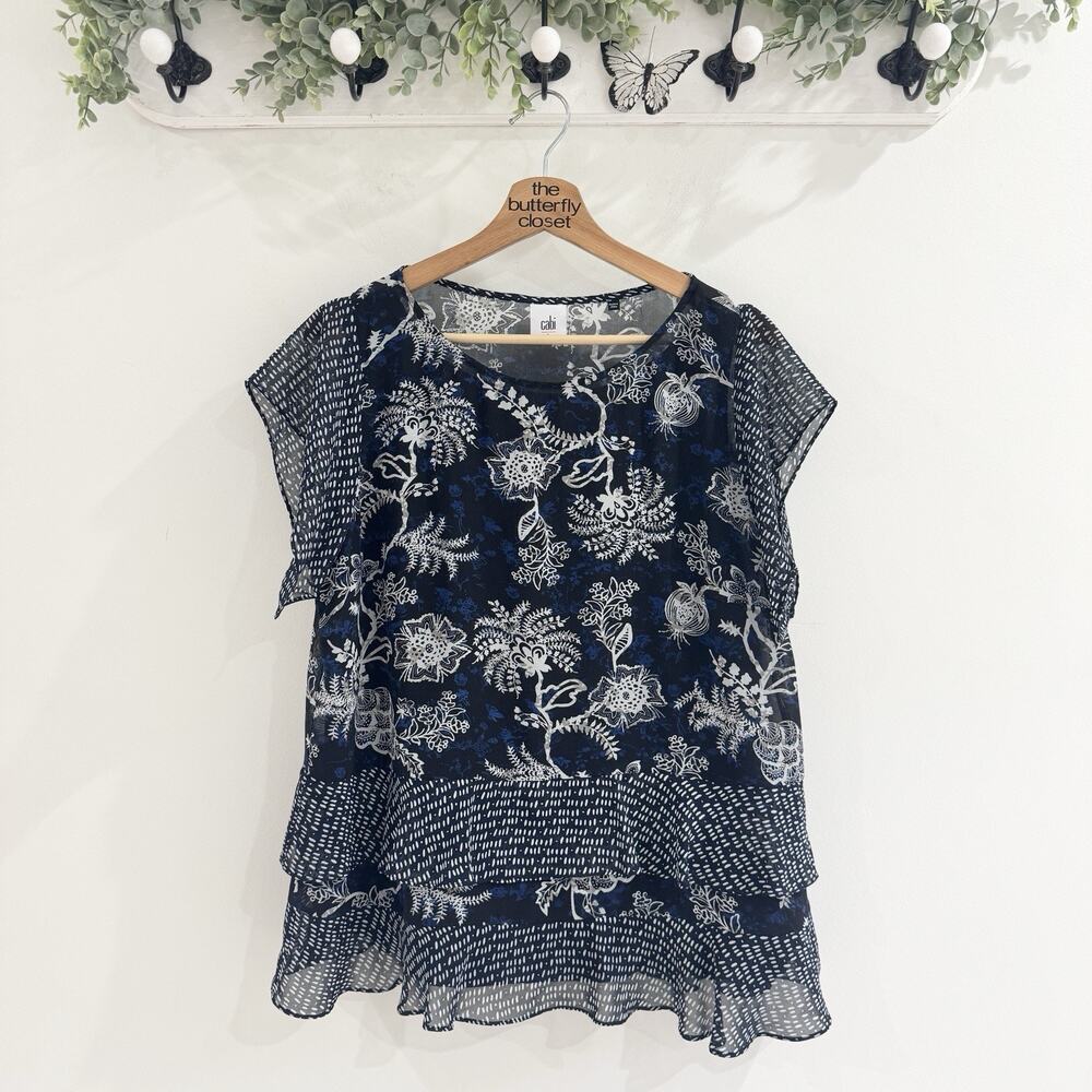 Cabi Hybrid Floral Tiered Ruffle Blouse AB Large
